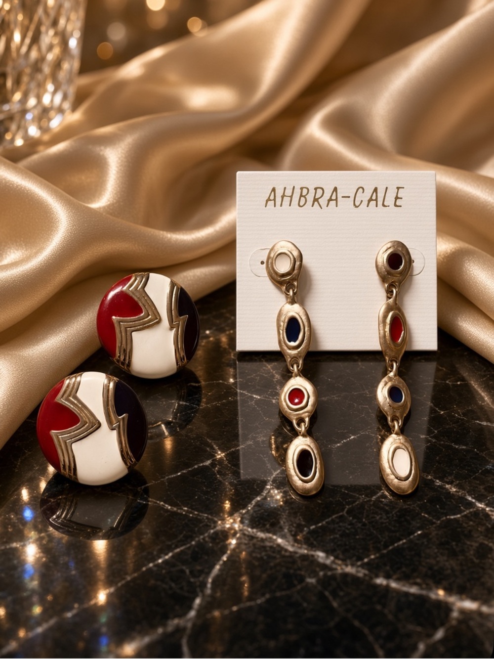 Tricolor Enamel Earring Set — Red, White, Blue Vintage Set of 2 earrings